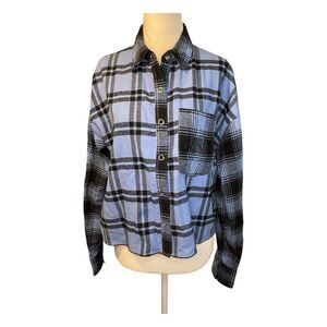 Forever 21 Cropped Flannel Button Down Shirt Tartan Plaid Blue Black White‎ Long